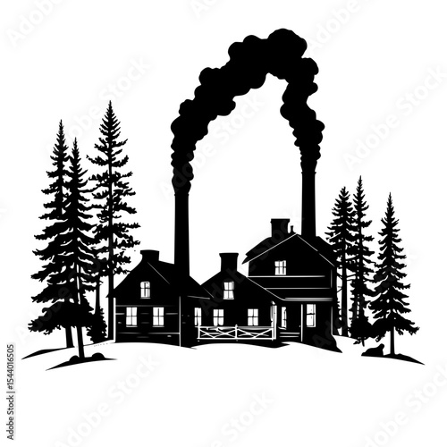  “Silhouette of forest glen with log cabins and smoke rising from chimneys, cozy scene”
