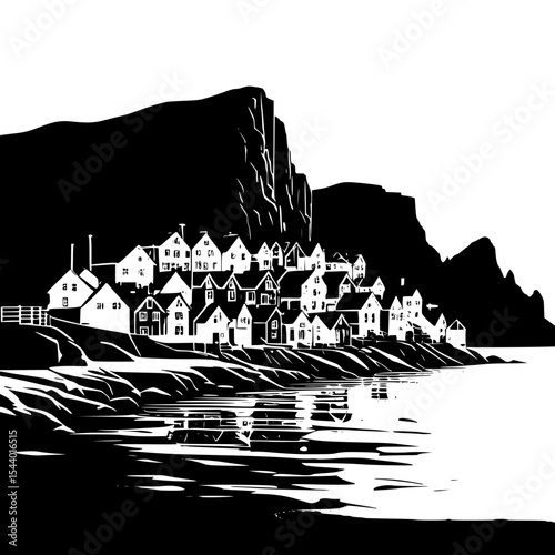 Silhouette of village by the fjord with steep cliffs and tiny colorful houses”