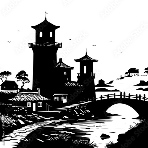 “Ancient village silhouette with watchtower, thatched roofs and stone bridge, rustic vector style”