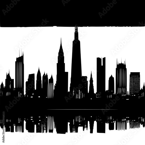 Silhouette of metropolitan skyline with iconic tower, park in foreground, modern vector style”