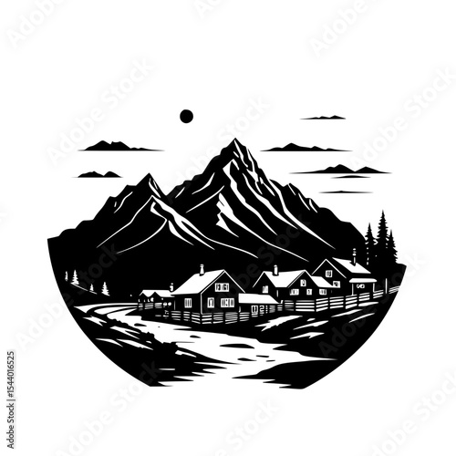 “Mountain silhouette with wooden lodge village tucked into valley, scenic vector design”