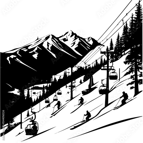  “Silhouette of alpine village with chairlift and skiers descending mountain slopes”