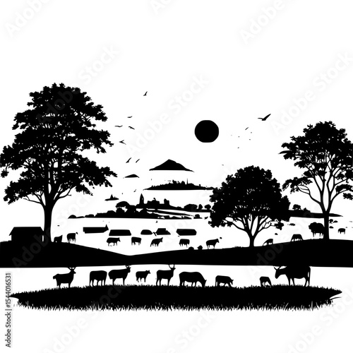 “Sunrise over countryside village silhouette with morning mist and grazing animals”