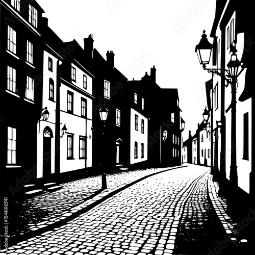 Silhouette of European village with cobblestone streets and streetlamps glowing warmly