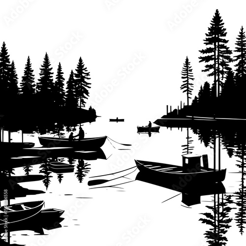 Silhouette of small lakeside town with rowboats, dock and surrounding forest”
