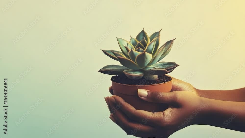 Person holding a succulent plant in a terracotta pot against a muted green background.