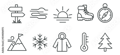 Outdoor adventure icon set. hiking, camping linear icons for nature and exploration