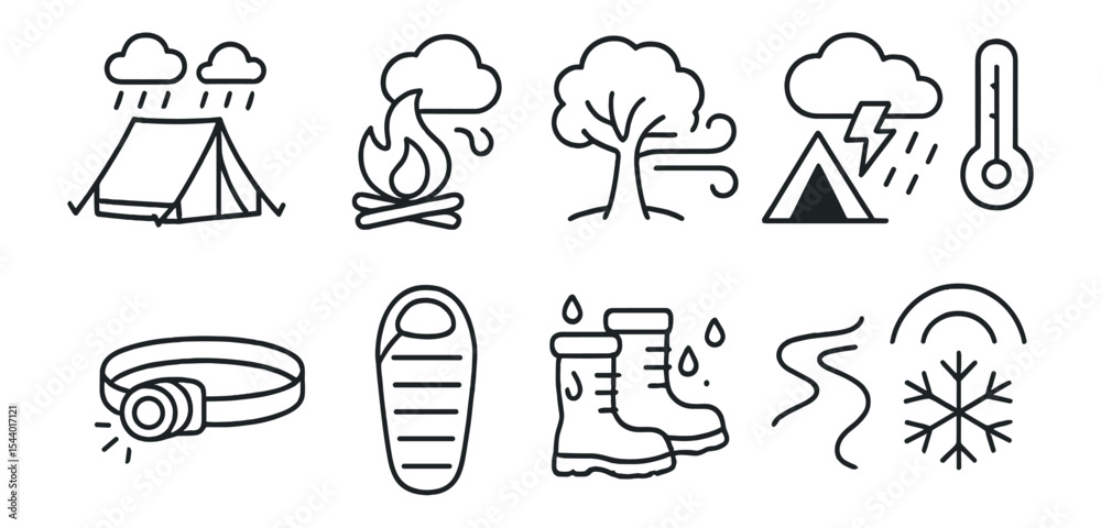 Fototapeta premium Camping and outdoor line icon set. adventure, nature, hiking in linear style
