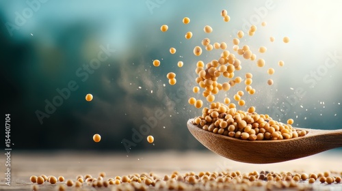Golden mustard seeds spill from a wooden spoon, caught in soft ambient light, creating a warm and inviting scene that highlights their organic beauty and culinary potential.