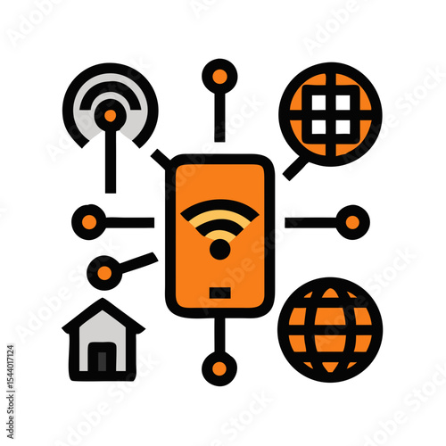Internet of Things (IoT) icon featuring a smartphone connected to various smart devices and networks - Smart Thermostat