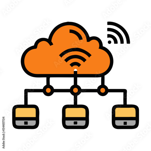IoT cloud network icon featuring a cloud connected to multiple devices with wireless signals - Smart Thermostat