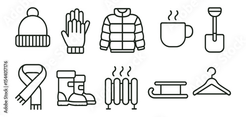 Winter essentials line icon set. cozy clothing, hot drinks, snow gear linear design