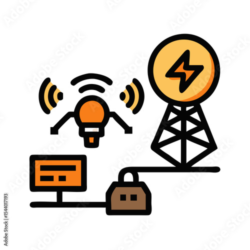 Smart grid energy icon featuring a transmission tower, smart bulb, and monitoring system for energy management - Smart Thermostat