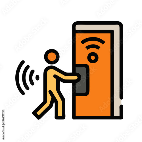 Smart hallway sensor icon featuring a person entering through a door with wireless signals for motion detection - Smart Thermostat
