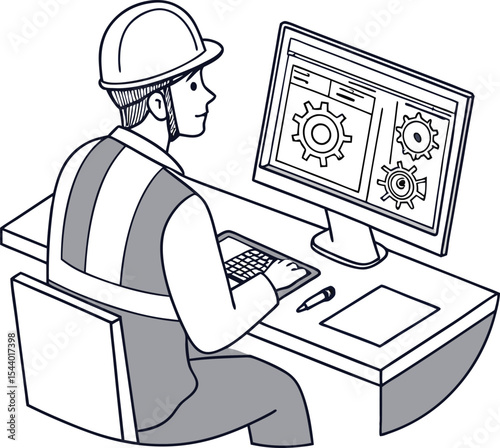 Engineer working on a computer with gear design