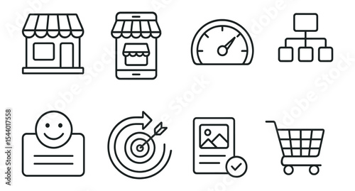 E-commerce, business outline icon set with storefront and cart symbols