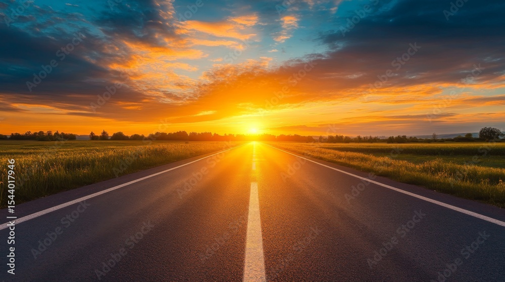 Empty countryside road under vibrant sunset sky with scenic horizon, symbolizing travel and freedom Empty countryside road under vibrant sunset sky with scenic horizon, symbolizing travel and freedom