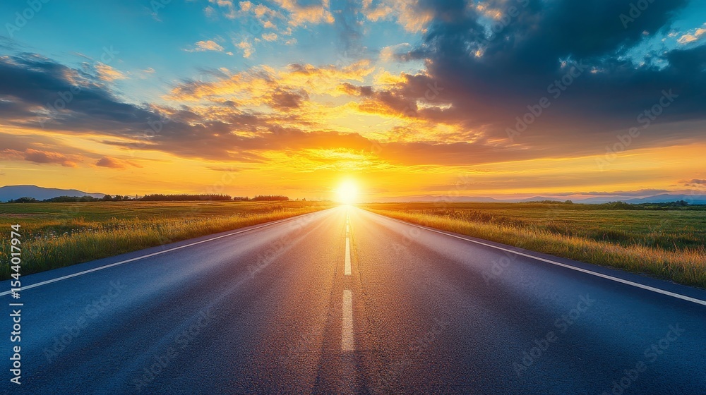 Naklejka premium Empty mountain highway at sunset with motion blur and golden summer light, ideal for travel or freedom concept