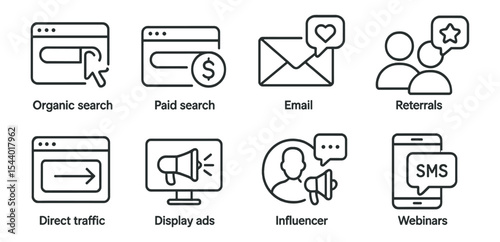 Digital marketing outline icon set. seo, social media, email communication icons