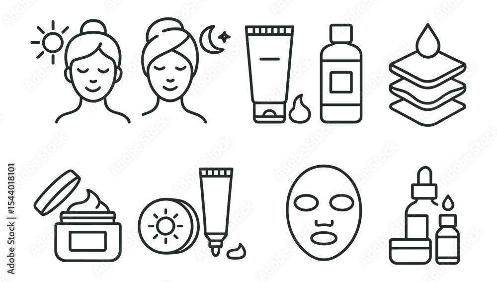 Fototapeta premium Beauty and skincare line icon set. cosmetic products and self-care routine icons