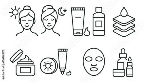 Beauty and skincare line icon set. cosmetic products and self-care routine icons