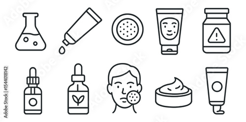 Skincare and beauty line icon set. cream, serum, lotion linear collection