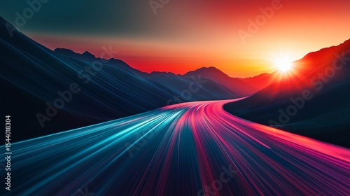 Empty mountain highway at sunset with motion blur and golden summer light, ideal for travel or freedom concept