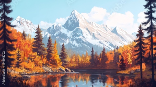 Scenic mountain landscape with fall foliage and distant peaks at sunrise