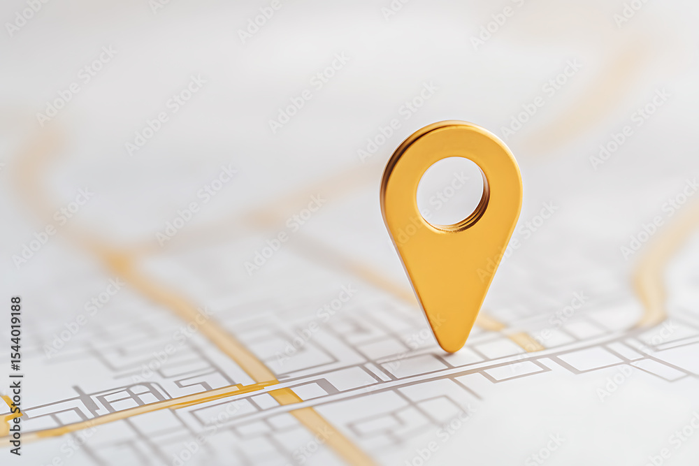 Fototapeta premium Golden location pointer on street map. Navigation and tracking concept. GPS pin. Showing directions or where to go. Destination point on a map.