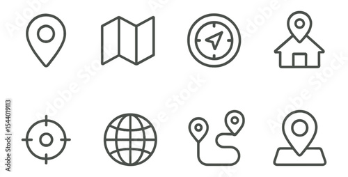 Navigation and travel icon set. explore destination icons in outline style