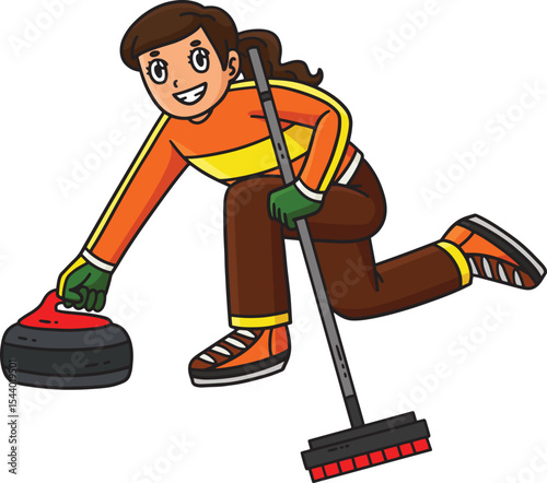 Curling Female Skip Delivering Stone Clipart 