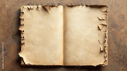 A single old notebook page with natural torn edge placed on warm-toned surface photo