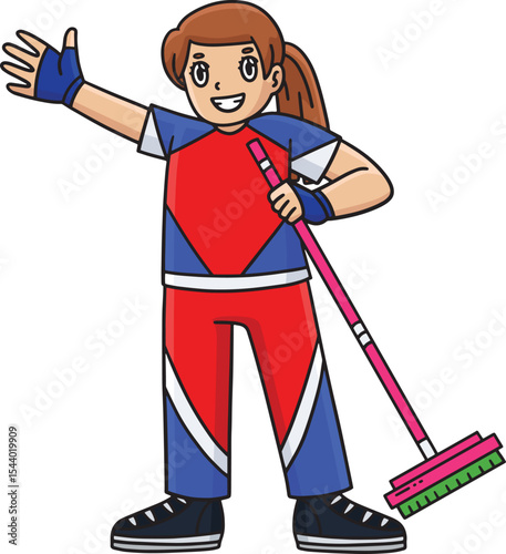 Curling Female Curler Holding Broom Clipart 