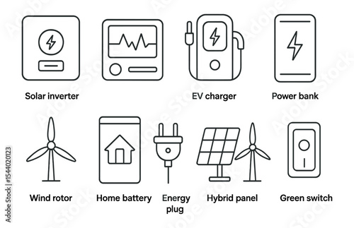 Renewable energy icon set. solar, ev charger, power bank in outline style