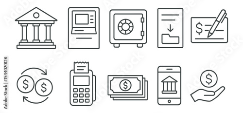 Banking outline icon set. finance, security, payment symbols in line style collection