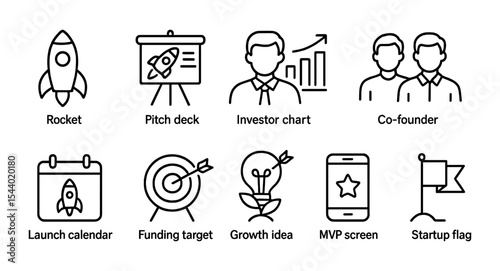 Startup and business line icon set. rocket, growth, and strategy outline icons