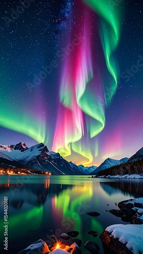Aurora Borealis with Mountain Lake.