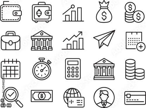 Financial Icons Banking, Investment, and Business Finance Line Art