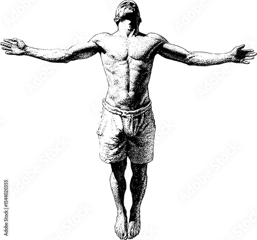 Black ink sketch in dotwork, man with open arms and torso, levitating in air full height