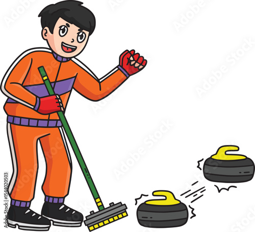 Curling Male Knocking Off a Stone Cartoon Clipart 
