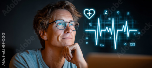39 year old female remote worker at standing desk glancing at her smart ring data for nightly sleep staging metrics with a crosshatch overlay illustrating REM cycle peaks