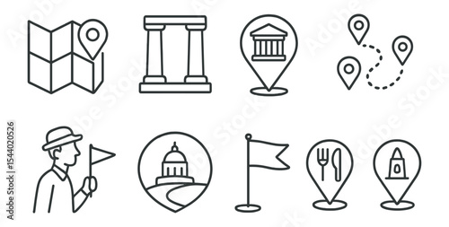 Travel and navigation icon set. flat maps, destinations, direction, guide icons