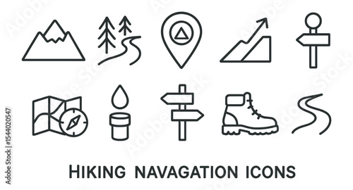 Hiking and navigation line icon set. trek, trail, map, compass, boot icons collection