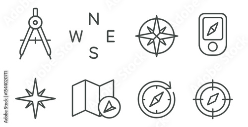 Navigation and compass line icon set. gps, mapping, direction symbols in linear style