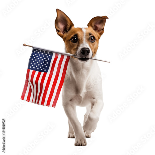 Cute Dog Carrying American Flag  isolated white or transparent background Patriotic Celebrates American Pride. Patriotic dog with American Flag. 4th of July Concept.