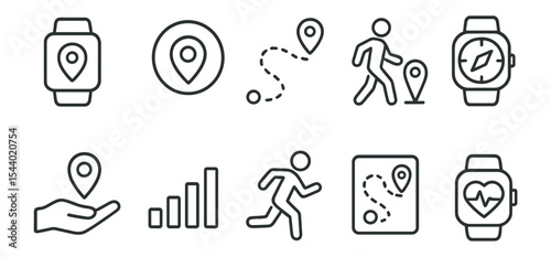 Fitness and navigation line icon set. health, tracking, gps, map, exercise collection