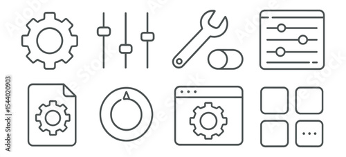 Tools and settings outline icon set. maintenance, gear, configuration icons collection