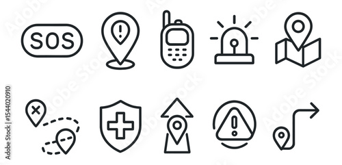 Emergency and navigation linear icon set. safety, location alerts in line style