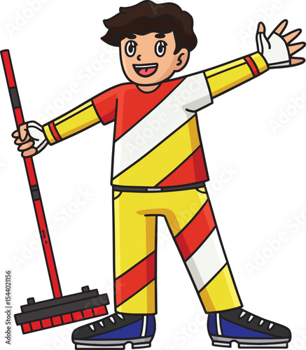 Curling Male Athlete with Broom Cartoon Clipart 