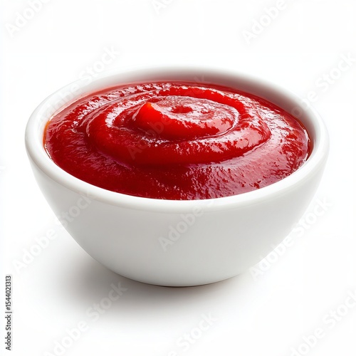 A close-up shot of a small white bowl filled with a vibrant red ketchup